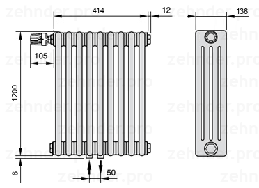 Схема (чертеж) Радиатор Zehnder Charleston 4120/9 №V007 Белый глянцевый RAL 9016